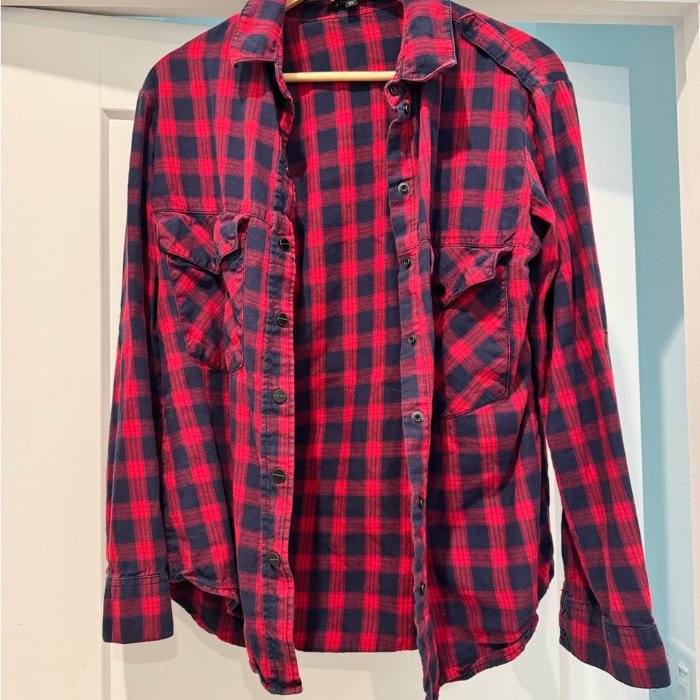 Sanctuary Red and Navy Plaid Button Down Shirt XS